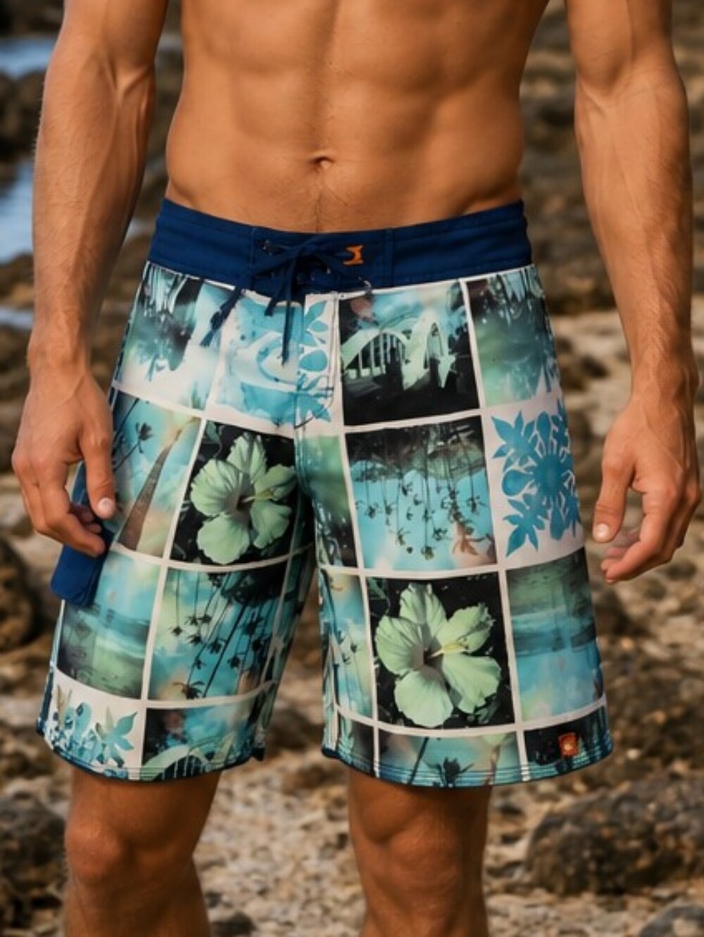 Quiksilver Board Shorts Tropical Photo Print Blue Swim Trunks Surf Beach 32